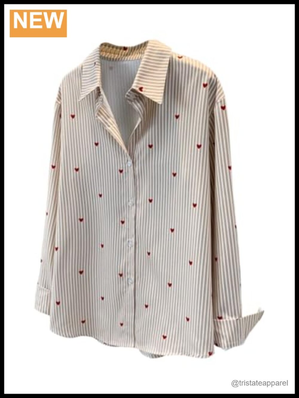 Heart Striped Button Down Shirt, Polyester Long Sleeve Collared Blouse